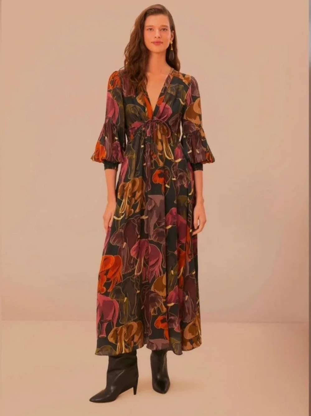 FARM Rio Black Maxi Dress with Rust, Olive & Plum Floral Print